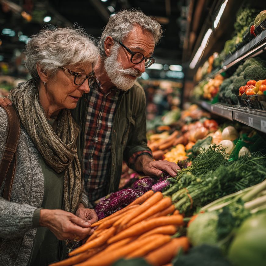 Persone mature che cucinano insieme ingredienti freschi e salutari